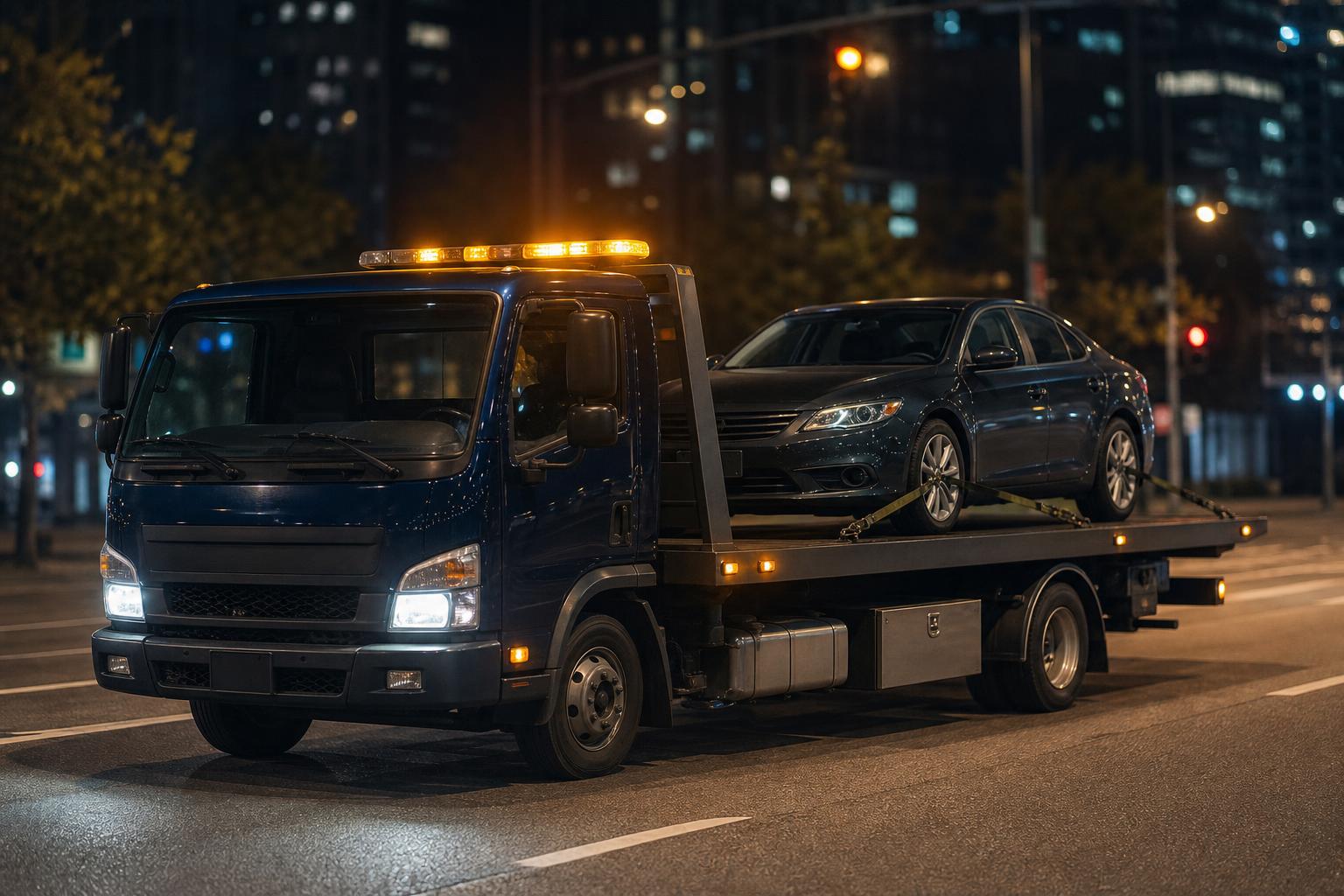Platformă auto TractPro intervenind noaptea, cu girofar aprins