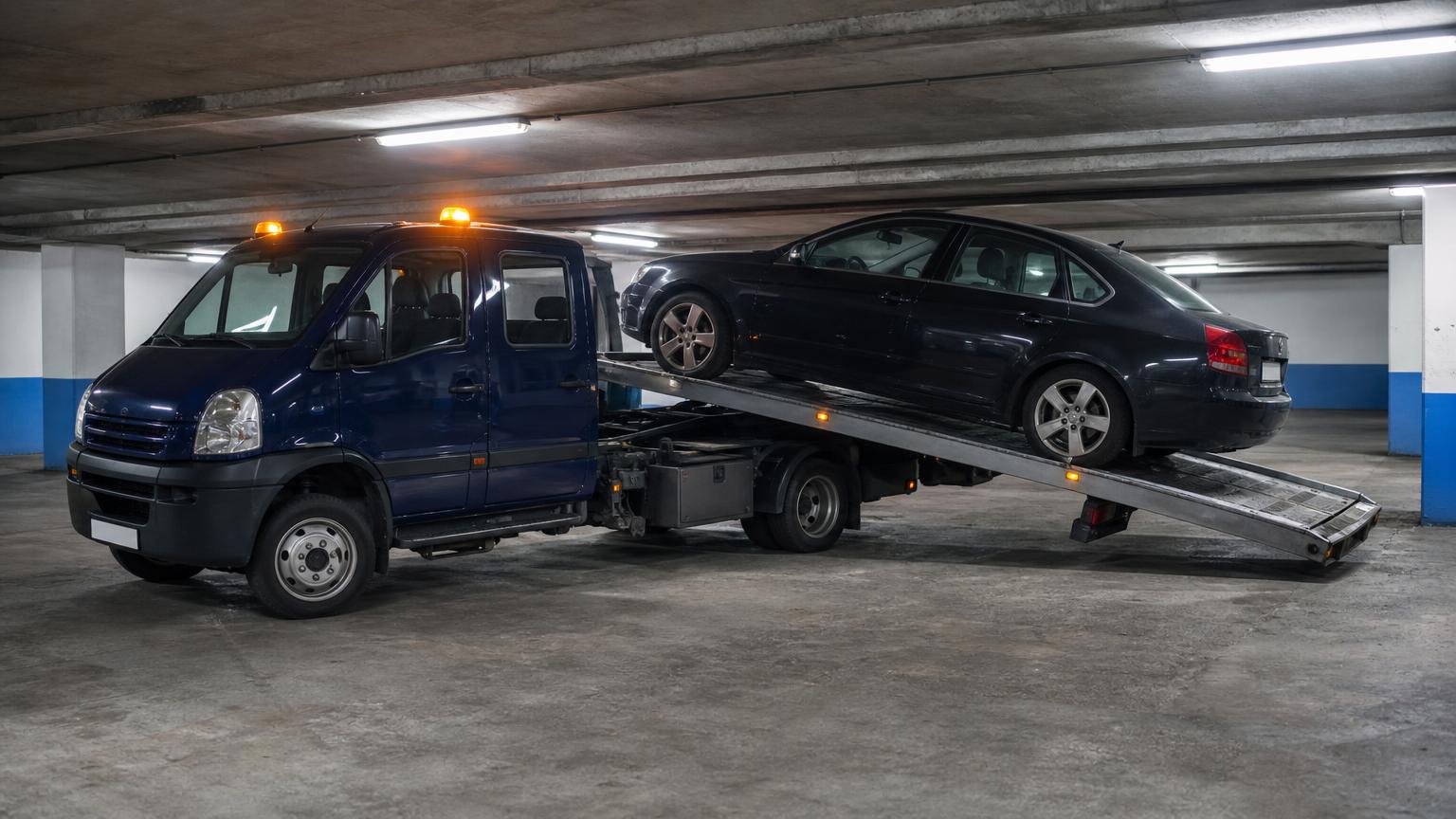 Autospecială joasă TractPro manevrând un autoturism într-o parcare subterană