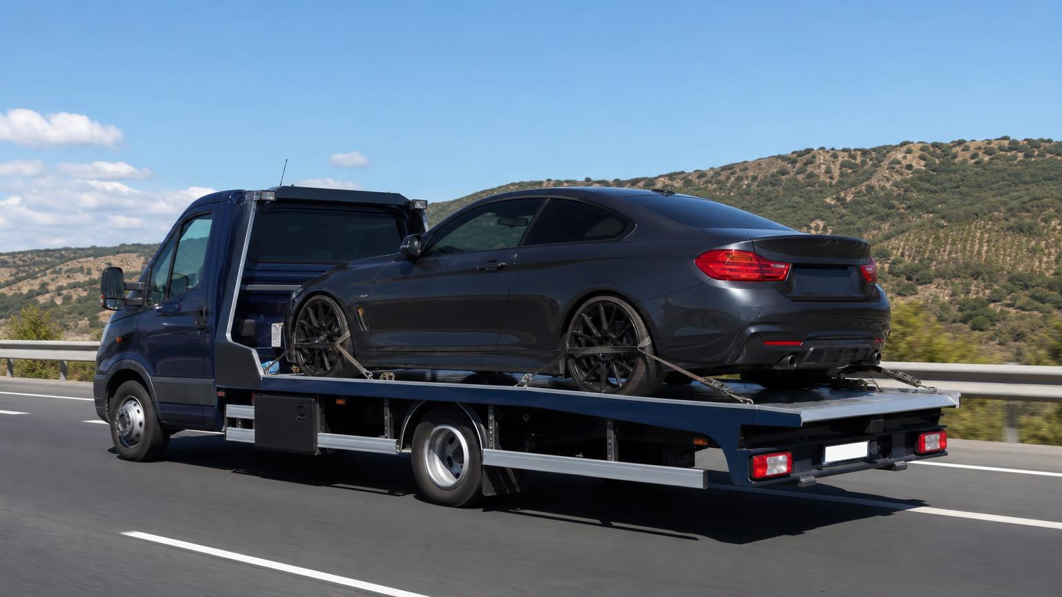 Camion cu platformă TractPro transportând autoturisme pe o autostradă din Europa