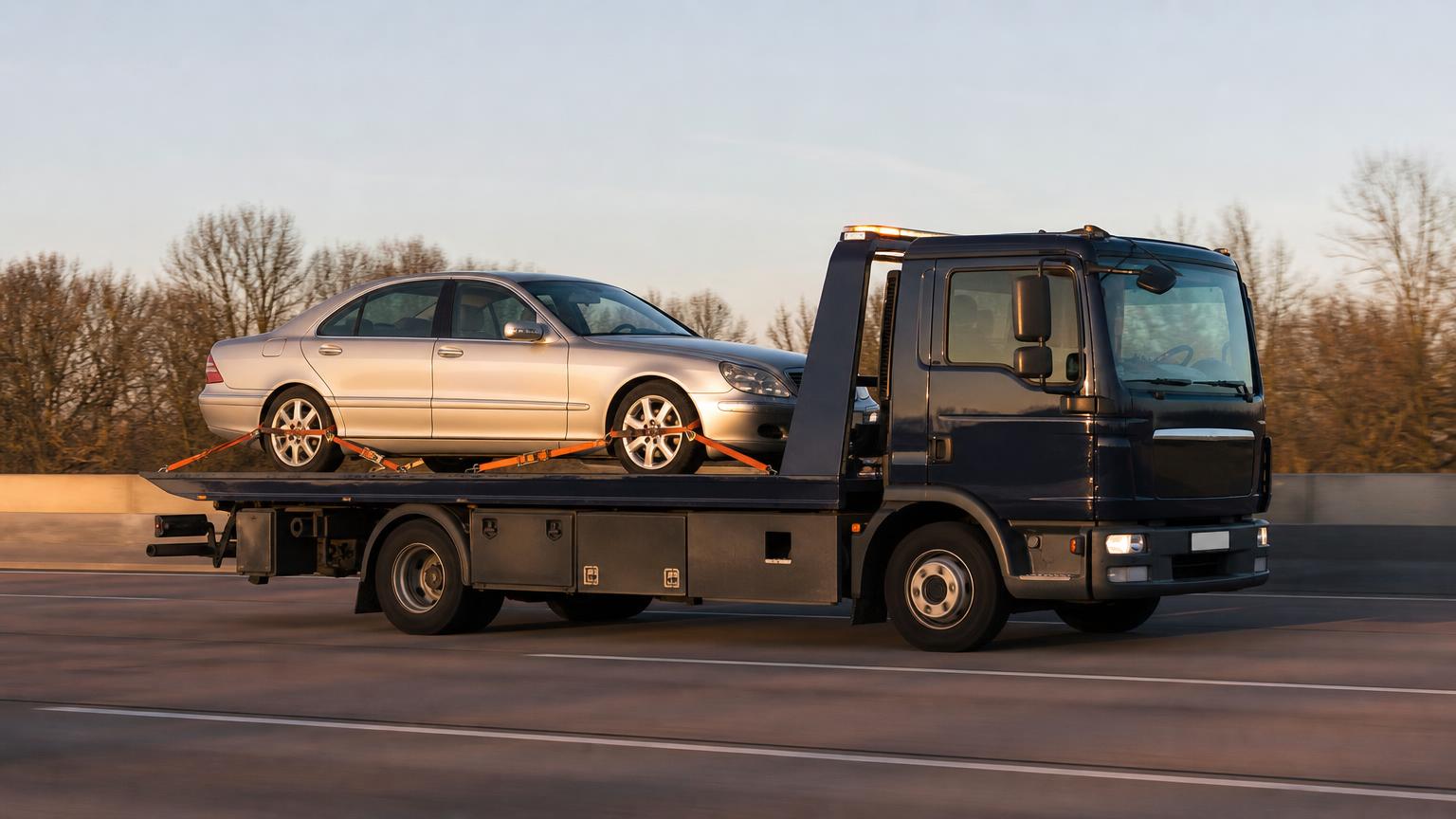 Platformă TractPro cu două autoturisme, pe autostradă, pentru transport programat